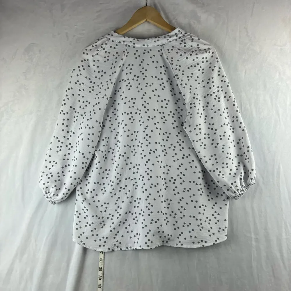 NYCC Popover Polka Dot Blouse Top Womens Large Tie Neck Grey White Twee Playful